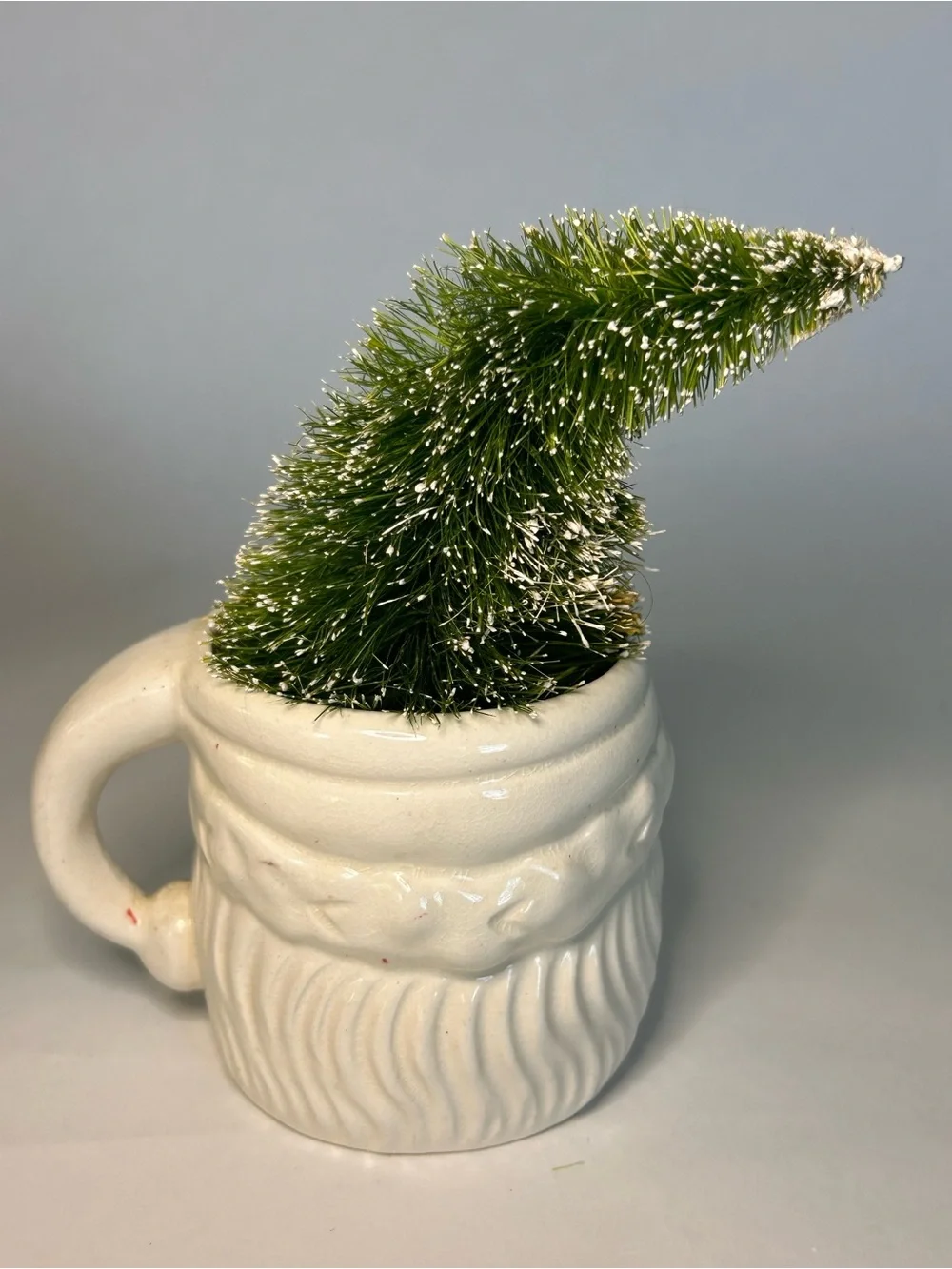 Vintage Retro Winking Christmas Santa Mug Bottle Brush Kitsch Whimsy Holiday 70s